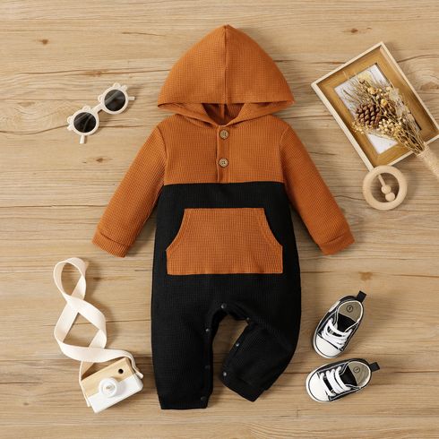 Baby Boy Colorblock Long-sleeve Hooded Waffle Jumpsuit