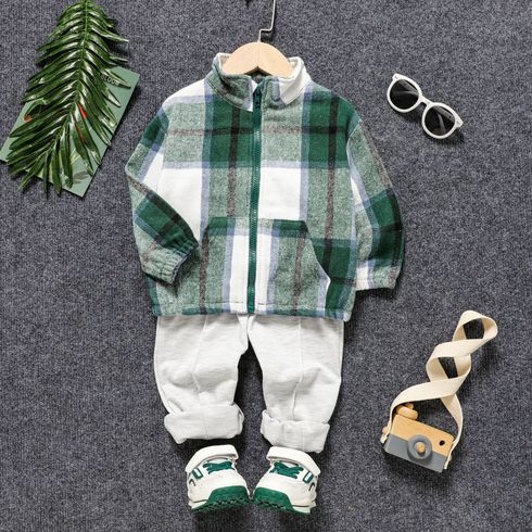 2pcs Toddler Boy Plaid Stand Collar Jacket and Elasticized Pants Set