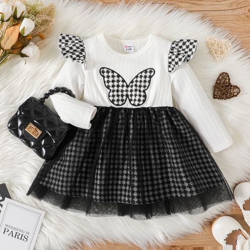 Baby Girl Ribbed Long-sleeve Spliced Houndstooth Ruffle Trim Butterfly Embroidered Mesh Dress
