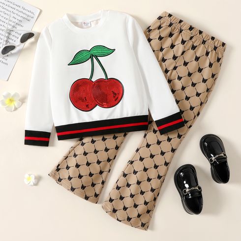 2pcs Kid Girl Cherry Embroidered Sequined Sweatshirt and Allover Print Flared Pants Set