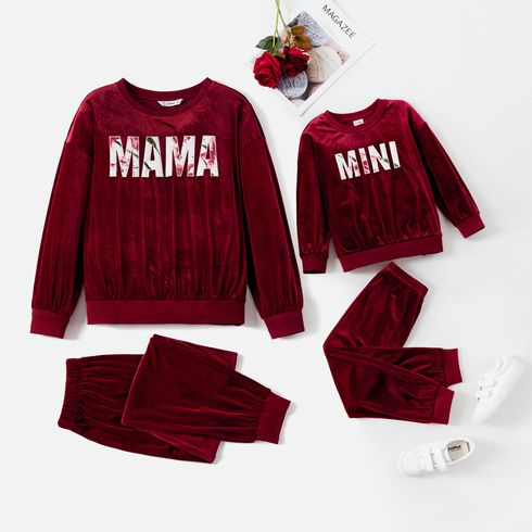 Mommy and Me Floral Letter Embroidery Drop Shoulder Long-sleeve Velvet Sweatshirts and Sweatpants Sets
