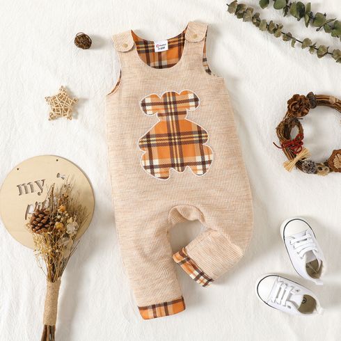 Baby Boy Plaid Bear Graphic Ribbed Overalls