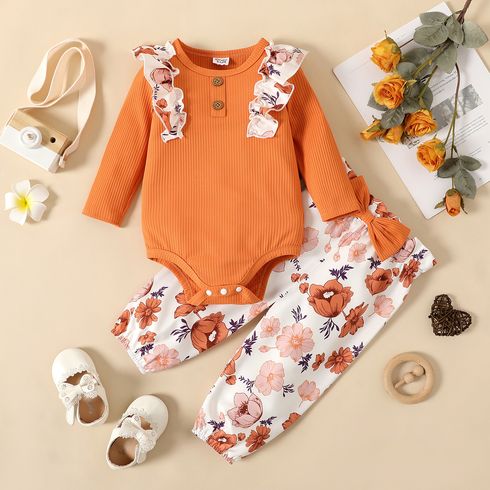 2pcs Baby Girl Ruffle Trim Long-sleeve Ribbed Romper and Bow Front Allover Floral Print Pants Set