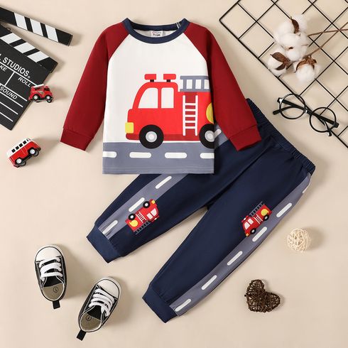 2pcs Baby Boy Vehicle Print Colorblock Raglan-sleeve Sweatshirt and Sweatpants Set