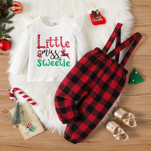 Christmas 2pcs Baby Girl Letter Print Ruffle Long-sleeve Tee and Red Plaid Suspender Pants Set