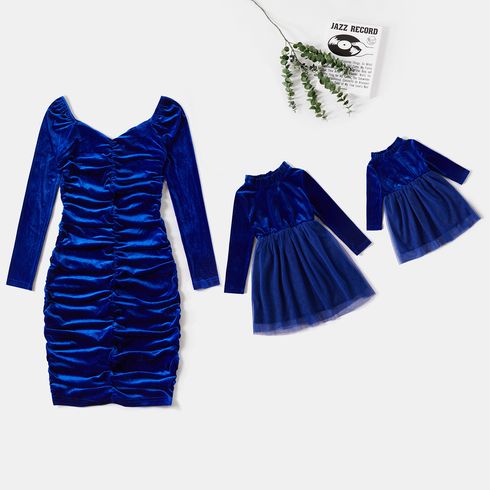Mommy and Me Blue Velvet Long-sleeve Ruched Bodycon/Mesh Dresses