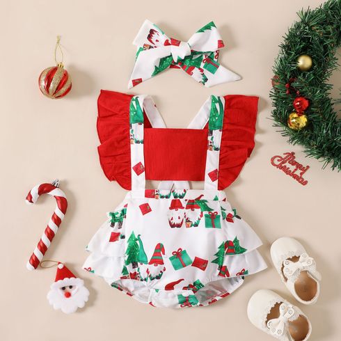 Christmas 2pcs Baby Girl 100% Cotton Red Ruffle Trim Spliced Allover Print Romper with Headband Set