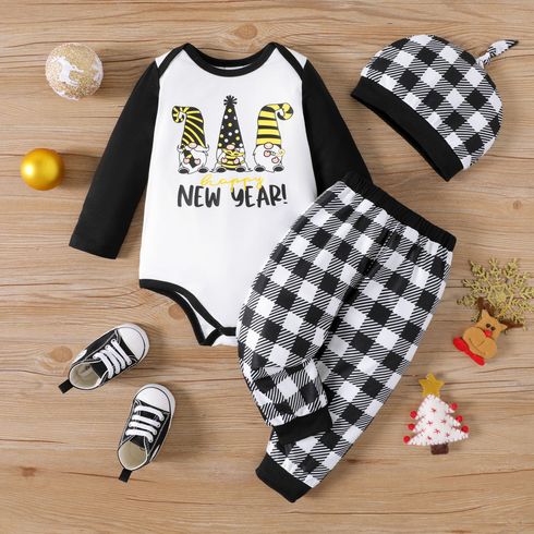 New Year 3pcs Baby Boy/Girl Long-sleeve Graphic Romper and Plaid Pants with Hat Set