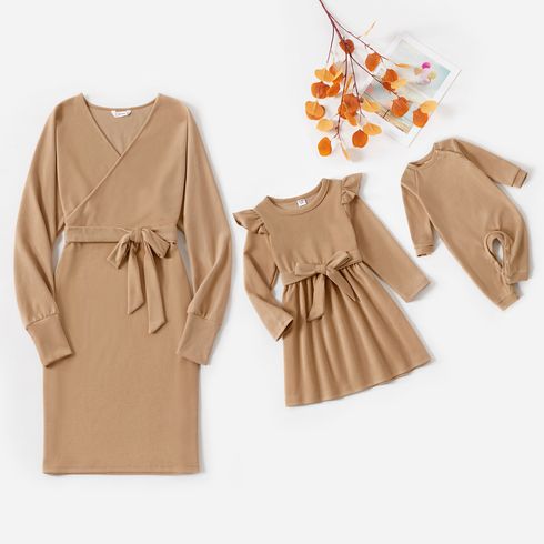 Mommy and Me Solid Rib Knit V Neck Belted Long-sleeve Bodycon Dress
