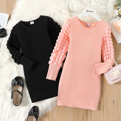 Kid Girl Solid Color Textured Ribbed Long-sleeve Cotton Dress