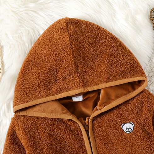 Kid Boy/Kid Girl Bear Embroidered Solid Color Thick Polar Fleece Hooded Coat Brown big image 4
