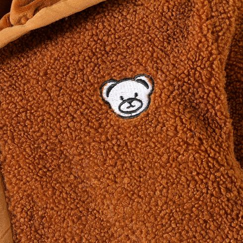 Kid Boy/Kid Girl Bear Embroidered Solid Color Thick Polar Fleece Hooded Coat Brown big image 3
