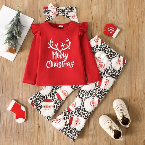 2pcs Toddler Girl Christmas Long-sleeve Red Tee and Santa Print Flared Pants Set
