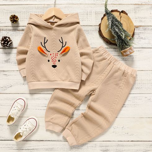 2pcs Toddler Boy Christmas Deer Pattern Textured Hoodie Sweatshirt and Elasticized Pants Set