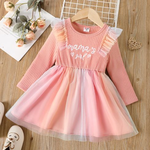 Toddler Girl Letter Print Ruffled Mesh Splice Long-sleeve Pink Dress
