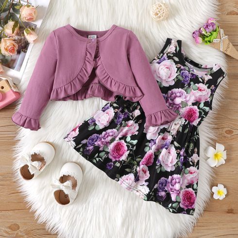 2pcs Baby Girl 95% Cotton Long-sleeve Ruffle Trim Cardigan and Allover Floral Print Tank Dress Set