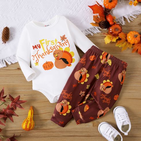 Thanksgiving Day 2pcs Baby Boy/Girl Turkey & Letter Print Long-sleeve Romper and Pants Set
