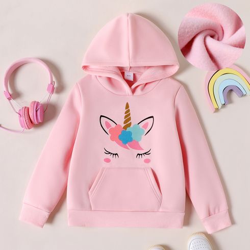 Kid Girl Unicorn Print Pocket Design Fleece Lined Pink Sweatshirt
