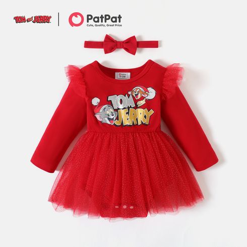 Tom and Jerry 2pcs Baby Girl Christmas Graphic Print Red Long-sleeve Mesh Romper Dress with Headband Set