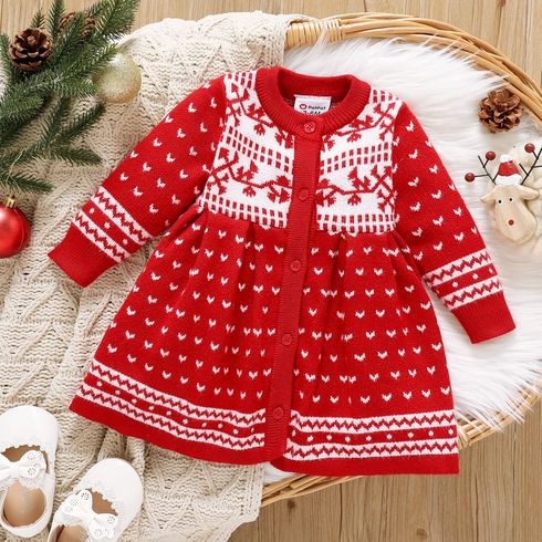 Christmas Baby Girl Allover Pattern Red Long-sleeve Button Knitted Sweater Dress
