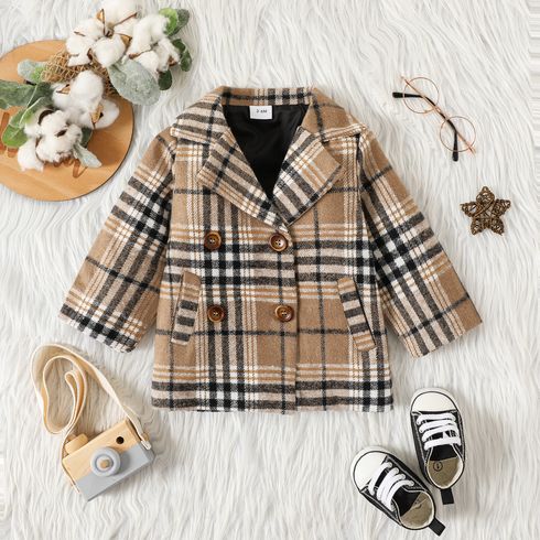 Baby Boy Plaid Lapel Collar Long-sleeve Double Breasted Wool Blend Coat