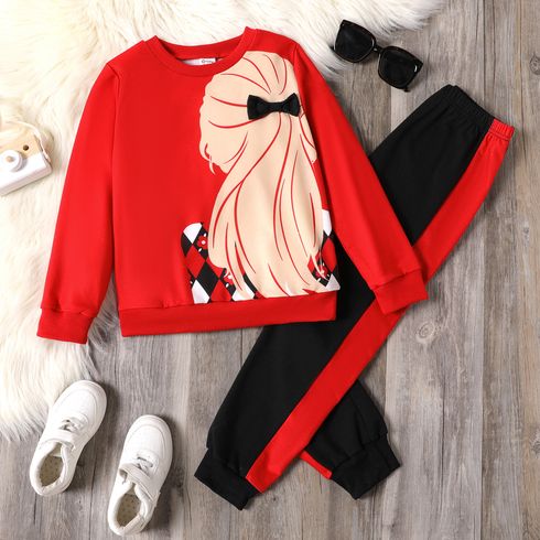 2pcs Kid Girl Character Print Red Sweatshirt and Colorblock Pants Set
