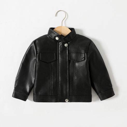 Toddler Solid Stand Collar Leather Long-sleeve Coat Jacket