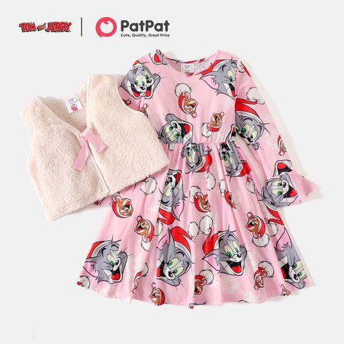 Tom and Jerry 2pcs Kid Girl Allover Print Bell sleeves Dress and Fleece Vest Set