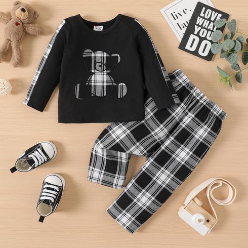 2pcs Baby Boy/Girl Bear Embroidered Black Long-sleeve T-shirt and Plaid Pants Set