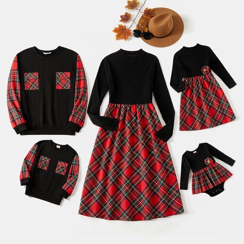 Family Matching Solid Rib Knit Spliced Red Plaid Dresses and Long-sleeve Sweatshirts Sets