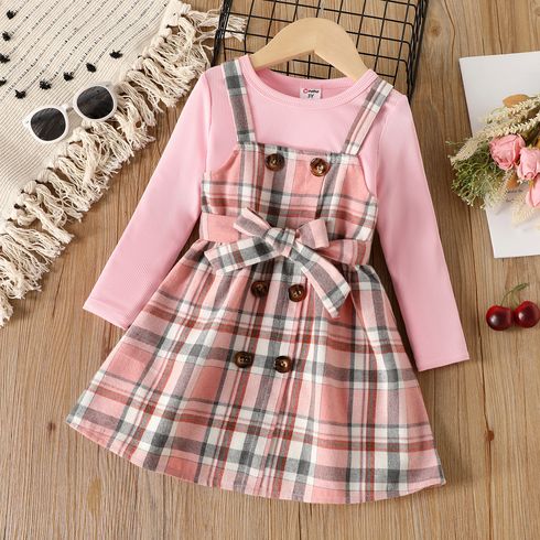 2pcs Toddler Girl Ribbed Pink Tee and Plaid Button Design Overall Dress Set
