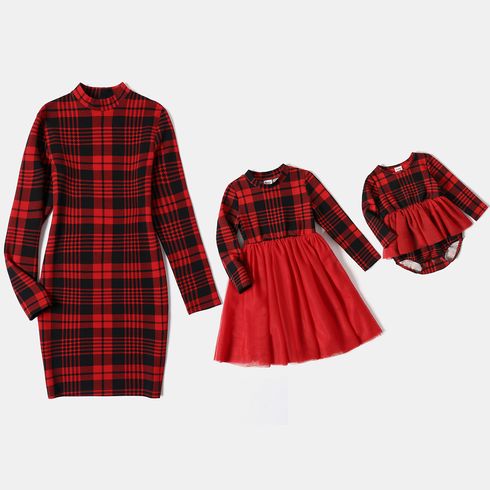 Mommy and Me Red Plaid Mock Neck Long-sleeve Bodycon Pencil Dress