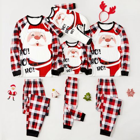 Christmas Family Matching Santa & Letter Print Red Plaid Raglan-sleeve Pajamas Sets (Flame Resistant)