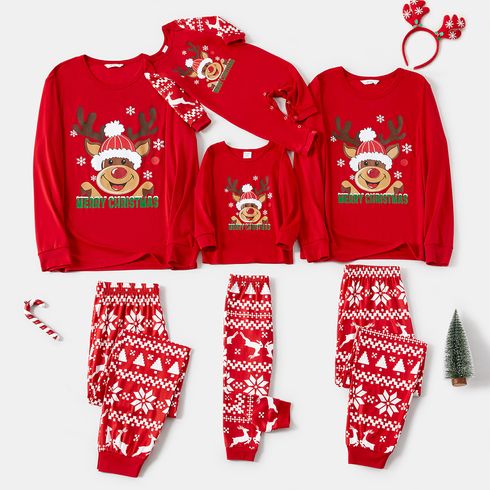 Christmas Family Matching Red Long-sleeve Deer Graphic Allover Print Pajamas Sets (Flame Resistant)