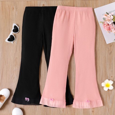 Kid Girl Solid Color Bowknot Design Mesh Splice Flared Pants