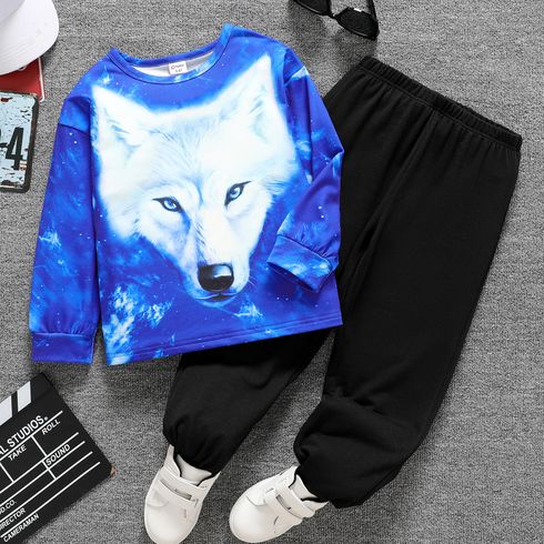 2pcs Kid Boy Wolf Print Pullover Sweatshirt and Elasticized Black Pants Set