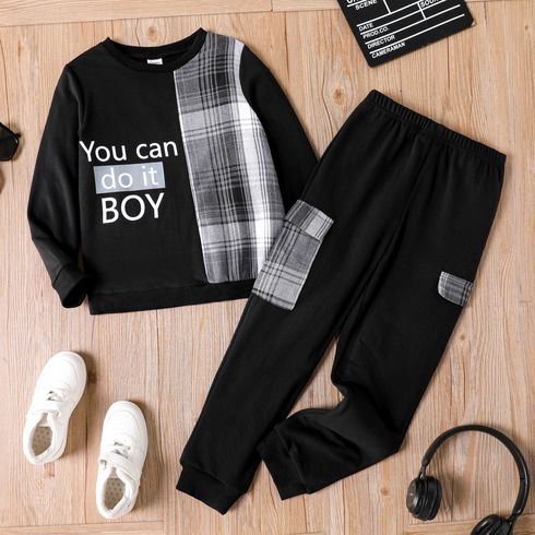 2pcs Kid Boy Plaid Colorblock Letter Peinr Sweatshirt and Pocket Design Pants Set