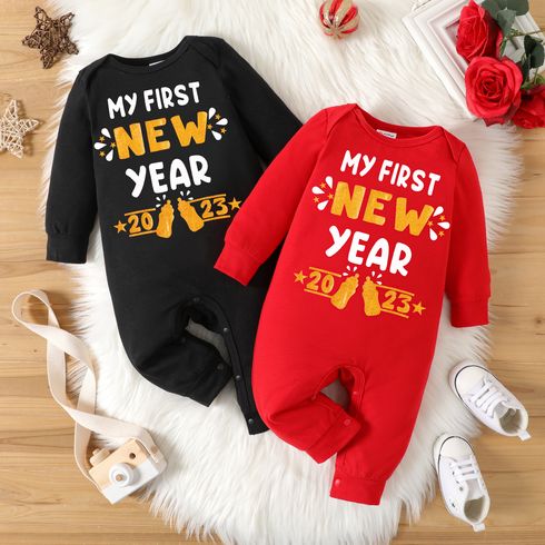 New Year Baby Boy/Girl Letter & Number Print Long-sleeve Jumpsuit