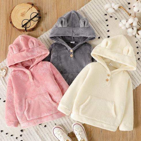 Toddler Girl Solid Color Fuzzy Fleece Button Design Hoodie Sweatshirt