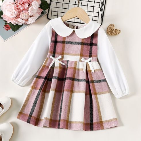Toddler Girl Doll Collar Plaid Bowknot Design Long-sleeve Dress