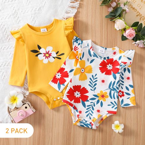 2-Pack Baby Girl 95% Cotton Ruffle Long-sleeve Floral Print Rompers Set