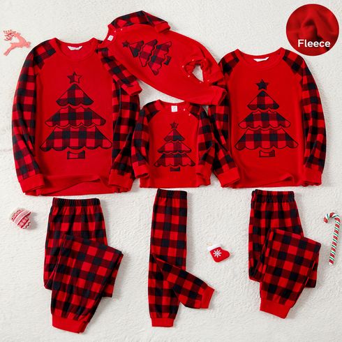 Christmas Family Matching Xmas Tree Embroidered Red Plaid Raglan-sleeve Thickened Polar Fleece Pajamas Sets (Flame Resistant)
