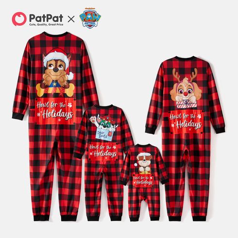 PAW Patrol Family Matching Cartoon Dog Print Christmas Red Plaid Long-sleeve Onesies Pajamas (Flame Resistant)
