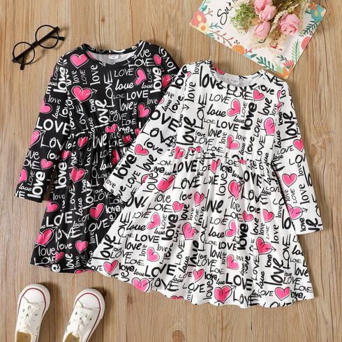 Toddler Girl Valentine's Day Letter Heart Allover Print Long-sleeve Dress