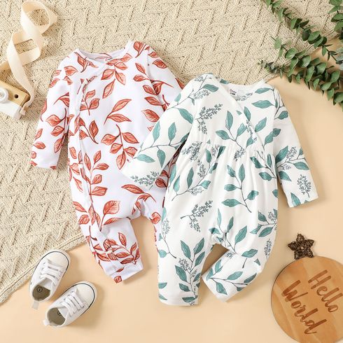 Baby Girl Allover Leaf Print Button Front Long-sleeve Jumpsuit