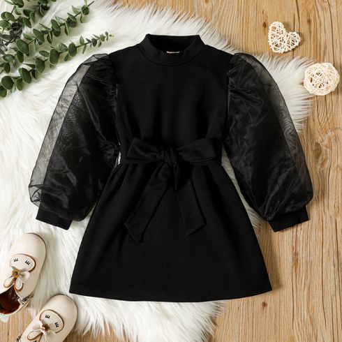 Toddler Girl Mock Neck Mesh Design Puff-sleeve Belted Black Dress
