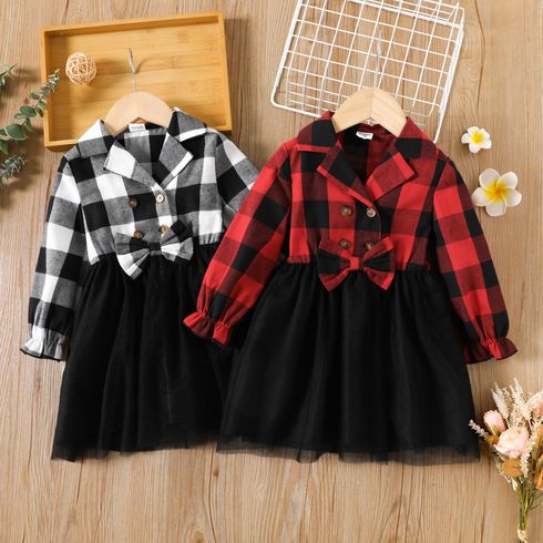 Toddler Girl Plaid Mesh Splice Bowknot Design Long-sleeve Dress