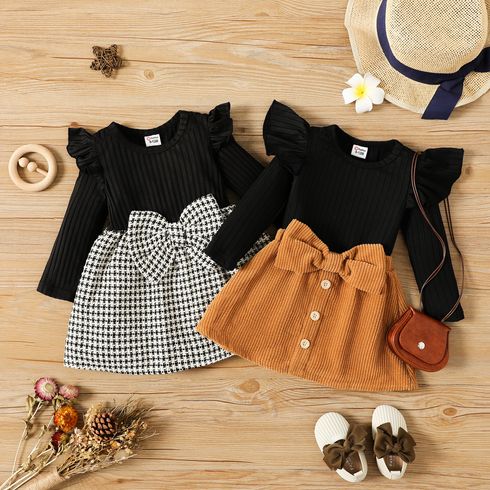 Baby-Mädchen Rüschen-Langarm-Rippstrick-Spliced-Tweed-Kleid oder Top & Cord-Rock-Set