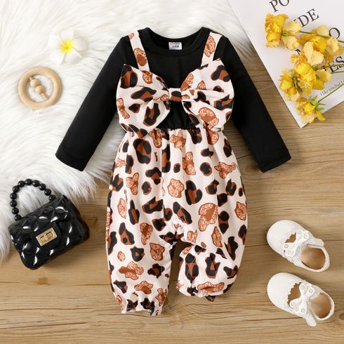 Baby Girl Leopard Print Bow Front Faux-two Long-sleeve Jumpsuit
