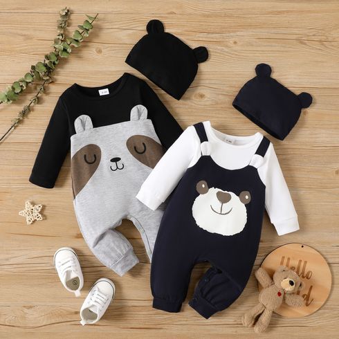 2pcs Baby Boy 95% Cotton Long-sleeve Faux-two Animal Print Jumpsuit with Hat Set